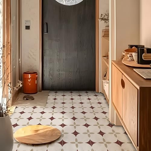 Alwayspon Vinyl Flooring Tile Sticker, 12Px30cm/12inch Peel and Stick Vinyl Floor Wall Planks Self-Adhesive Splashback Stick on Tiles Transfer Sticker for Bathroom Kitchen, Retro Red Floral
