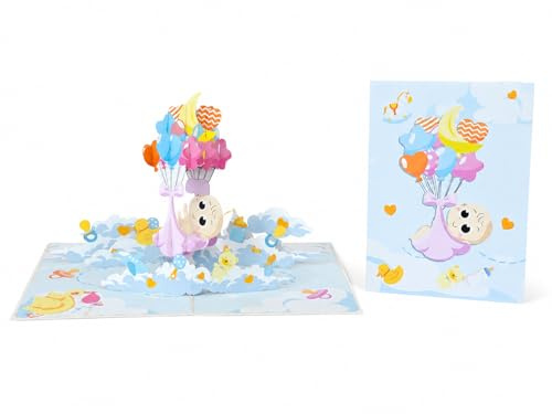 3D Pop-Up Taufkarte für Mädchen, 15 x 20 cm, mit Luftballons und Spielzeugmotiven, Mehrfarbig