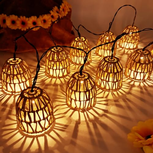 10 Stück LED Solar Lichterkette Aussen,LED Solar Rattankugel Lampion Lichterkette,Lampions Led Lichterkette Solar Außen Wetterfest,Kugel Gartenleuchten für Außen Balkon Garten Outdoor