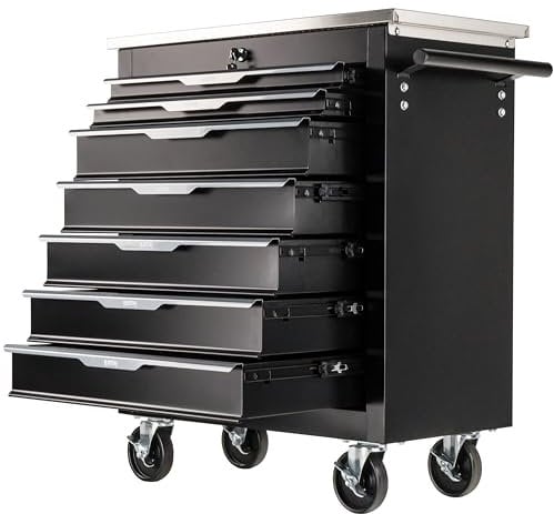 Stix Werkzeugwagen GarageGo P7 mit 7 Schubladen, Edelstahl-Arbeitsplatte, Zentralverriegelung, Werkstattwagen mit Rollen, abschließbar, schmal, mobil, für Garage & Profi