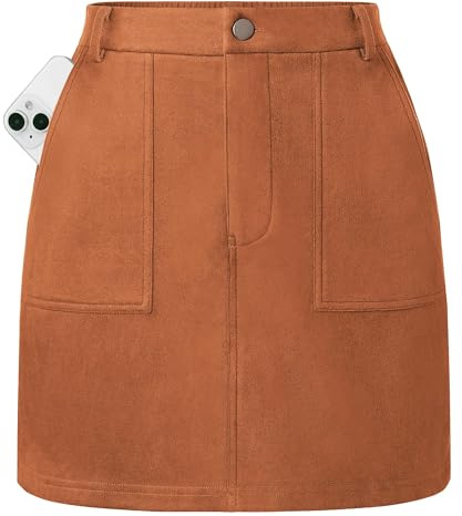 Kate Kasin Women Suede Skirt, Fall Winter Burnt Orange Brown Mini Skirt, High Waist Pencil Skirts with Pockets 2026 M