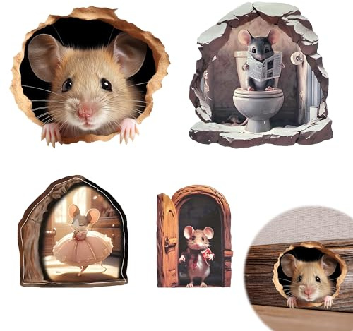 4 Cute Mouse Kitchen Wall Stickers, Funny Animal Wall Art Décor | Playful Decorative Stickers with a Wall Mural Cartoon style, ideal for adding character to kitchens and dining areas.