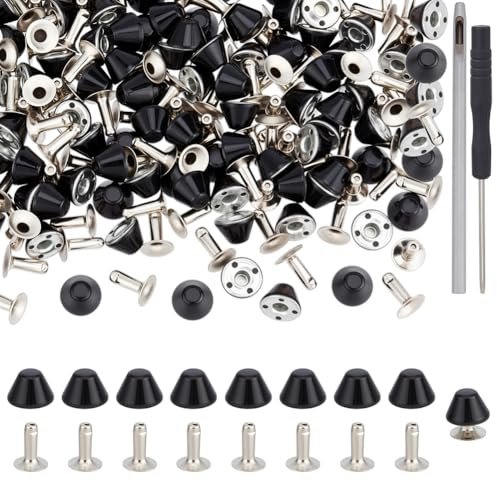 OLYCRAFT 100 Set Cone Spikes Screwback Studs 3/8x1/4 Inch Black Metal Flat Head Stud Rivets Punk Spike and Studs Kit with Installation Tools Punk Rock Accessories for Shoes Leather Bags Clothing