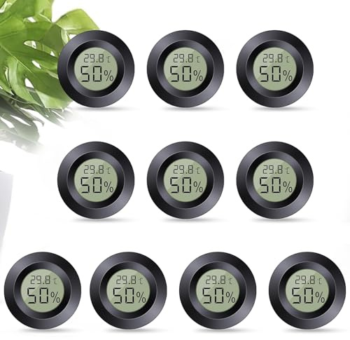 Dictien Mini Hygrometer Thermometer Digital, 10 Stück Set, Schwarz | Thermo-Hygrometer Innen mit LCD, ℃/℉ Verstellbar, Freistehend, für Haus, Schule, Weinkeller, Gewächshaus, Lager (10, Rund)