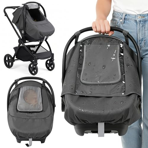 Wood Homing Universelle Babyschalenabdeckung – Atmungsaktive Regenhaube für Kinderwagen & Buggy mit Transparenter Fronttür Winddichtem Fußsack Sonnen- Schnee- Wind- Insektenschutz für Winter & Sommer