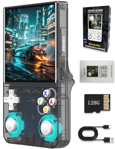 Die Neue tragbare Spielkonsole R36 Ultra mit 4-Zoll-IPS-Bildschirm, integrierter 128GB-Karte und 30.000 Spielen, Linux-Systemunterstützung, WLAN und Bluetooth. (Schwarz，128G)