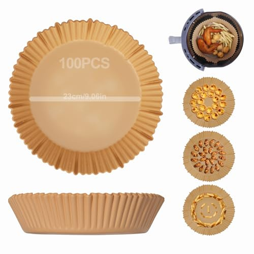 Airfryer Liners, Airfryer Paper Liners Disposable, Air Fryer Accessories, Non-Stick Airfryer Liners, for Baking & Cooking Grease Proof Multiple Air Fryer(100PCS-Circle: Bottom Diameter 23cm/9.06in)