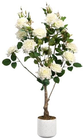 Garvee Künstlicher Rosenbaum im Topf – Weiß – Naturholzstamm, lebensechte Blüten, Pflegeleichte Kunstpflanze für Zuhause, Büro, Innenräume – Höhe: 80 cm, Environmental Protection Poles and Spring