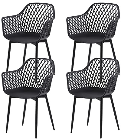 DazzlerE Balkon Stühle 4er Set, Balkon Stühle, PP-Schalenstuhl, Metallgestell, mit Armlehnen, Höhenverstellbare Bodengleiter, Belastbar bis 120 KG, Schwarz