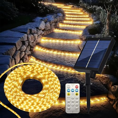 ezmyma Solar LED Strip 10m 640 LEDs Warmweiß IP65 wasserdicht Außen | 8 Lichteffekte,dimmbar,App- oder Fernbedienung,Solar-energiesparend für Garten,Terrasse,Balkon,Pavillon,Weg,Traufe & Zaun