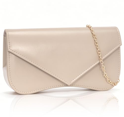 Toptime Damen Clutch, Elegante Abendtasche mit Abnehmbare Metallkette, Nude Leder Handtasche Damen Klein mit Gebogenem Boden, Mode Umschlag Umhängetasche für Hochzeit Party Cocktail Abschlussball