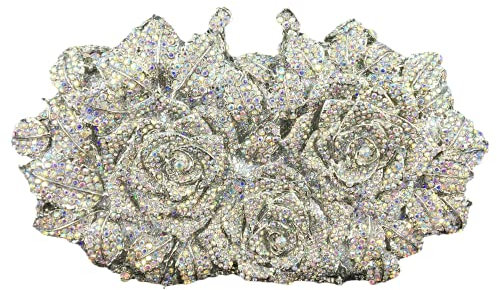 Boutique De FGG Blume Abendtasche Kristall Clutch Handtasche Damen Formale Strass Brauthandtasche Clutches für Party,Mini,Silber AB