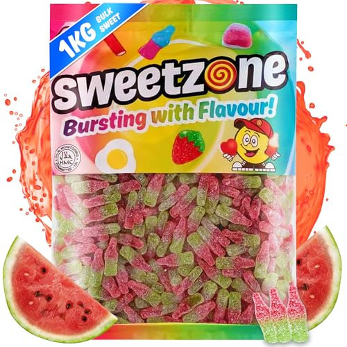 Sweetzone Watermelon Bottles - 1kg Bag of Sweets - Experience the Watermelon Sweet, Jelly Sweets and Chewy Sweets - Mouthwatering Tangy Flavour for Halal Sweet for All Ages