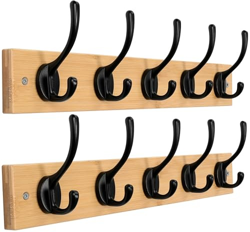 Dseap Coat Rack Wall Mounted with 5 Hooks, Scandi-Style Wooden Coat Hook Rail, Coat Hanger Wall Mount, for Hanging Coats Hats Towels Jackets Clothes, Natural, Pack of 2