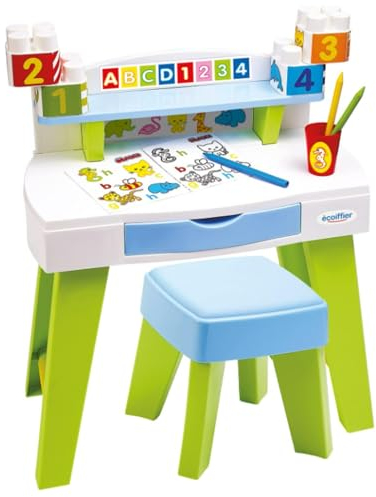 Ecoiffier – Mein erster Schreibtisch – Kinderschreibtisch mit Malvorlagen, Bauklötzen, Hocker, Stiftebecher, Schublade, für Kinder ab 1 Jahr