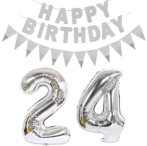 Luftballons Zahl 24 Silber + Happy Birthday Girlande + banner Folienballon 24.Geburtstags deko frau mann ballons 24 Jahre Geburtstag deko frauen Zahlenballon 24 Geburtstag dekoration Männer frau(24)