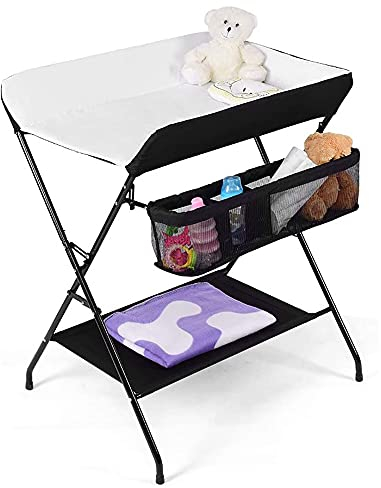 Cambiador plegable y portátil, cambiador plegable para habitación de bebé, ajustable en altura, cambiador y bañera 2 en 1 para bebé, de 0 a 12 meses (79 x 55,5 x 96 cm), color negro y blanco