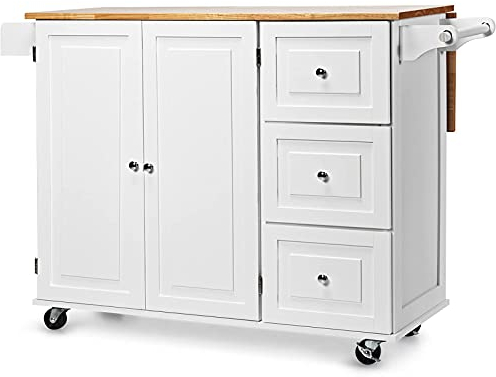GOPLUS Desserte à roulettes Cuisine, Plateau Pliable en Bois Caoutchouc, Placard avec 3 Étagères Réglables et 3 Tiroirs, Support à Épices, Porte-Serviettes, 136 x 76 x 91 CM, Blanc