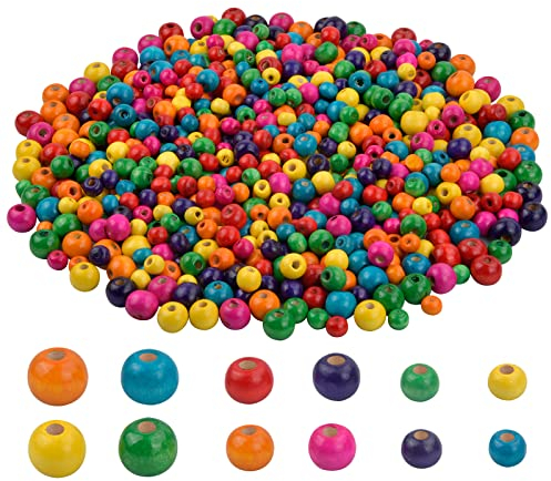 Bunte Holzperlen, 600 Stück Runde Holzperlen, Perlen zum Basteln, Natürliche Holz Perlen, Holzperlen zum Auffädeln mit Loch für DIY Schmuckherstellung Armbänder Halsketten (8 mm, 10 mm, 12 mm)