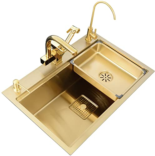 Kitchen Sink Fregaderos De Cocina, Acero Inoxidable 304 Dorado, con Fregadero De Grifo Extraíble De Doble Uso, Instalación Empotrada O Bajo Encimera (Color : Gold, Size : 68x46cm)