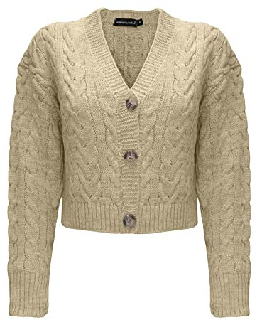 Generation Fashion New Ladies Women’s Knitted Long Sleeve 3 Button Down Cropped Bolero Cardigans Cable Knit Chunky Cardigan Crop Top Short Cardigans [Stone,M]