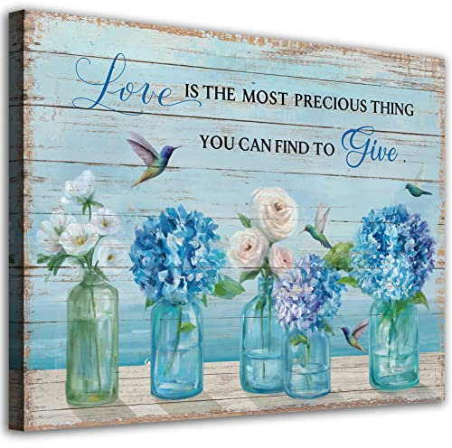 Motivierende Wandkunst, blaue, weiße Blumen, Leinwandbilder, inspirierende Zitate, Leinwanddrucke, Kolibri, Hortensien, florales Wanddekor, blau, Leinwandkunstwerk für Wanddekoration, 30.5x40.6 cm