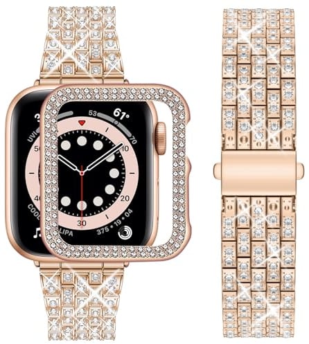 wutwuk Kompatibel mit Armband Apple Watch 9 41mm Damen für iWatch Series 9 8 7 41mm Diamant Strassstein Harter PC Schutzrahmen Kunststoffgehäuse Schutzhülle Frauen Schmuck Rosegold