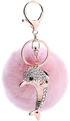 Canarea Schlüsselanhänger Plüsch Ball Pompom Taschenanhänger Süß Delfin Strass Weich bommel Keychain,Elegant Plüsch-Kugel Auto-Anhänger Glitzer Schlüsselring Handtaschenanhänger (Pink)