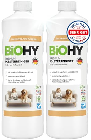 BiOHY Premium Polsterreiniger (2 x 1 liter) | Bio Konzentrat für Polstermöbel, Sofas, Teppiche & Textilien | für Nasssauger & andere Geräte geeignet | geruchslösender Fleckentferner