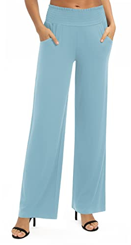 EXCHIC Damen Leichtgewicht Elastisch Hohe Taille Hose Casual Weite Bein Dehnbar Lounge Hosen mit Taschen (L, Hellblau)