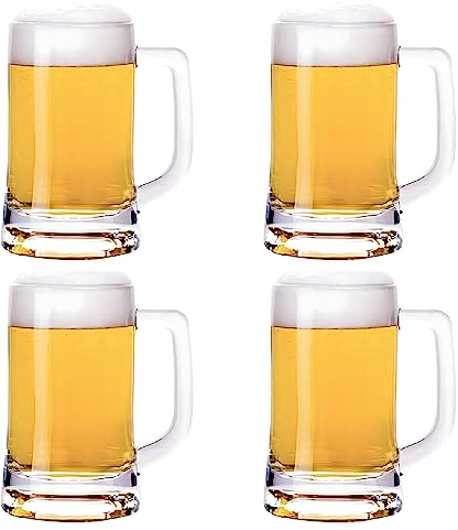 TUSAPAM Klassisches Bierkrug-Set aus Glas – Bierkrug mit Griffen, klar und stabil, spülmaschinen- und gefriergeeignet, 340 ml Biergläser, 4 Stück