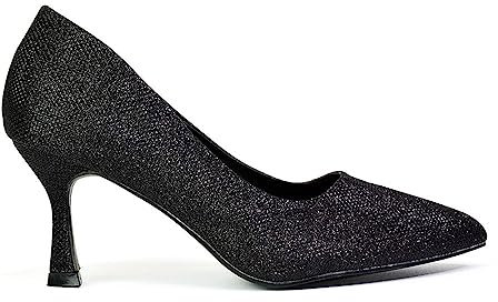 Womens Slip On Low Mid Heel Court Shoes Ladies Glitter Pointed Close Toe Dress Black Court Shoes Size 3