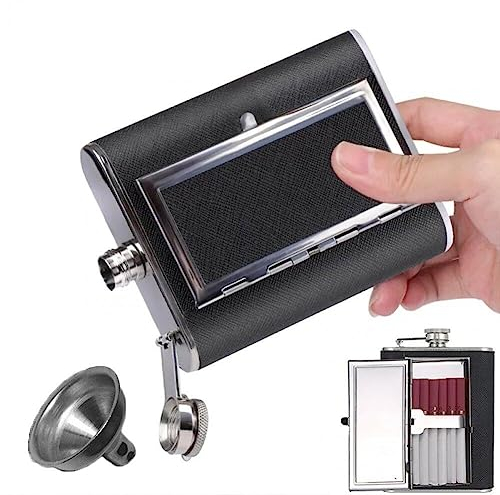 Stainless Steel Hip Flask, Leak-proof Hidden Flask with Cigarette Case and Leather Wrapped Cover, Including a Funnel and Box