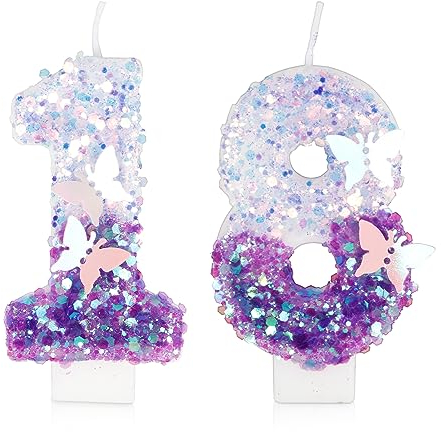 Lila 18 Schmetterling Geburtstagskerzen, Zahl 18 Kerze, 3D Glitzer Pailletten Zahlenkerzen, Geburtstagskerze für Kuchen, Happy First Birthday Kerze, Kuchen Kerzen Topper Dekorationen für Mädchen