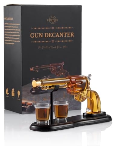 CRAFTGEN Revolver Gun Whiskey Decanter Set with 2 Bullet Glasses – Unique Gift for Dads Men, Fun Party Accessories, Pistol Liquor Dispenser for Bourbon and Tequila, CG_006