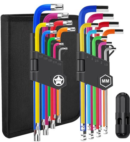 Allen Torx Key Set 18pcs,Color Coding L Keys Set Including 9pcs Allen Hex Key Set & 9Pcs Torx Star Key Set with Torque Handle and Tool Bag,Cr-V Steel