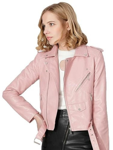 AYAZER Printemps et Automne Veste en Cuir PU avec Fermeture Éclair Multicolore Veste de Ceinture Courte Vêtements de Moto-Rose-S