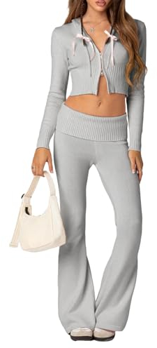 RTGSE Damen Y2K Reißverschluss Up Strick Crop Hoodies Vintage Rib Strick -Kapuze -Sweatshirts mit Hose Kleidung Set 90er Streetwear (Y Light Grey, S)
