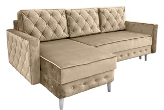 Ares Meble Ecksofa mit Schlaffunktion 227x144 cm - Ottomane Sofa L Form - L Couch 3 Sitzer - Schlafcouch mit Bettkasten - Samt Sofa Glamour - Chesterfield Sofas Ausziehbar - Weiße Beine - Beige