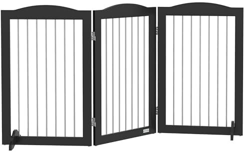 PawHut Foldable Dog Gate, Freestanding Pet Gate, Dog Barrier with Two Support Feet, for Doorways, Stairs, Halls - Black