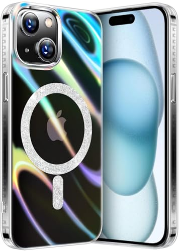 nicekool Hülle für iPhone 15 Kompatibel mit MagSafe, Magnetische HandyHülle Case für iPhone 15 Schutzhülle Kratzfeste Rückseite Transparenter Laser Regenbogen, Schillernd Fluoreszierend Klar