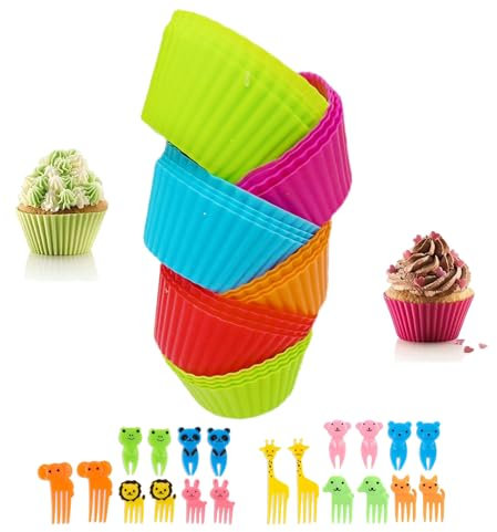 44 accessori per il pranzo Bento, include 24 pirottini in silicone addensato per cupcake e muffin e 20 simpatici plettri per alimenti a forma di animale