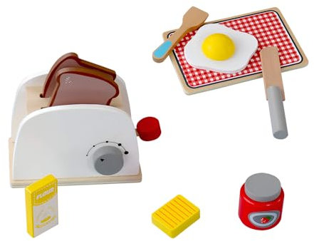 Rebecca Mobili Grille-Pain en Bois pour Enfants, Set de Petit Déjeuner Jouet, avec Accessoires, Jeu Montessori, Jeux en Bois, pour Enfants 3 4 5 Ans, Idée Cadeau pour Enfants - Art. KR9001