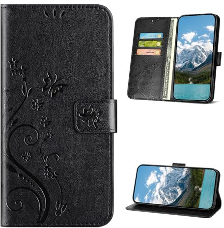 XINQCASE Handyhülle für Google Pixel 4A 4G Hülle, PU Leder Prägung Klapphülle Mit Kartenfach, Flip Case Schutzhülle für Google 4A 4G, Schwarz