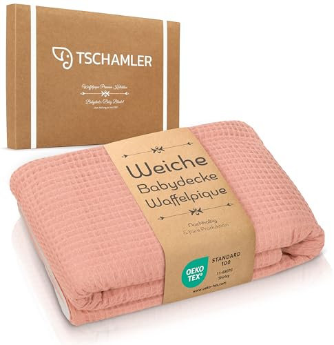 TSCHAMLER® Babydecke 80x100 cm – zart & atmungsaktiv, Musselin-Waffelpique, Oeko-TEX® Zertifiziert, Baby Decke als Geschenk für Neugeborene, liebevoll verpackt als Geschenk, 100% Baumwolle – Rosa