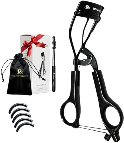 Beauty Power Wimpernzange - Precision Lash Lift in Sekunden mit 5 Ersatzpads, Augenbrauenbürste & Satin Reisetasche - Sanft & Sicher, Deutscher Edelstahl für perfekte Extra Locken - Geschenk (Schwarz)