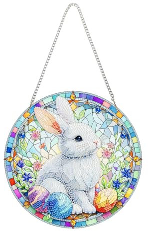 Starnearby Türkranz Ostern DIY Diamond Painting Ostern Anhänger Diamant Painting Fensterbilder Ostereier zum Aufhängen Diamant Malerei Basteln Ostern Kinder (Kaninchen)