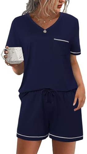 Litherday Pyjamas, dam, kort, bomull, pyjamas-set, sommar, enfärgad, Shorty nattkläder, kortärmad, sovkläder, tvådelad t-shirt med ficka