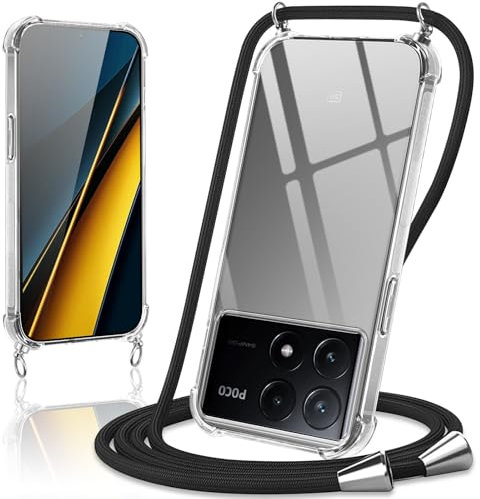 Coiwxmoi Coque avec Cordon pour Xiaomi Poco X6 Pro 5G 6,67, Collier Réglable Téléphone Étui Portable Lanyard Case Transparent Ultra Souple Silicone TPU Housse Antichoc Protection Cover, Noir