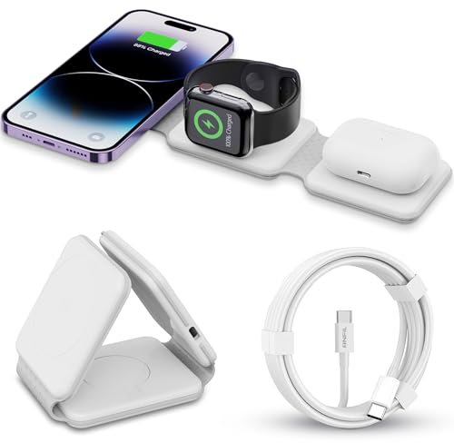 Mag-Safe Ladestation ANFIL® - Faltbare Kabelloses Apple Ladegerät 3-in-1, 15W - Folding Wireless Charger - Kompatibel mit iPhone 12-16 Serie, Apple Watch Ultra/8/7/6/5/4/3/2 und AirPods (Weiß)
